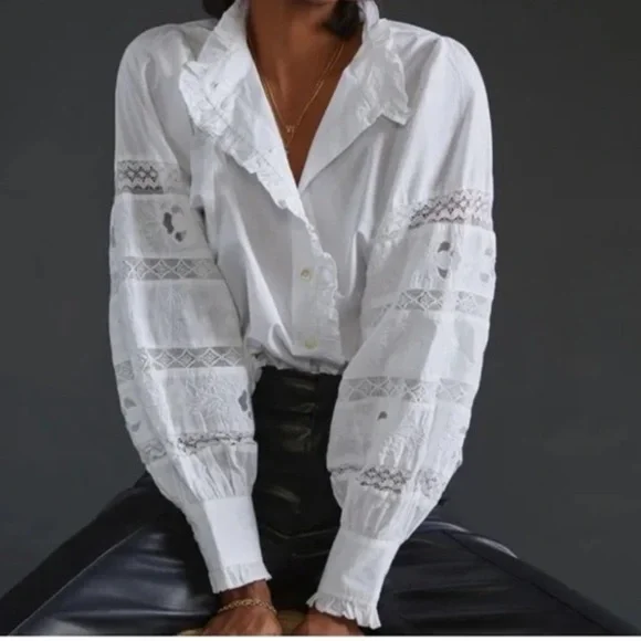 Anthropologie Love The Label Puff-Sleeved Lace Buttondown - Picture 1 of 15